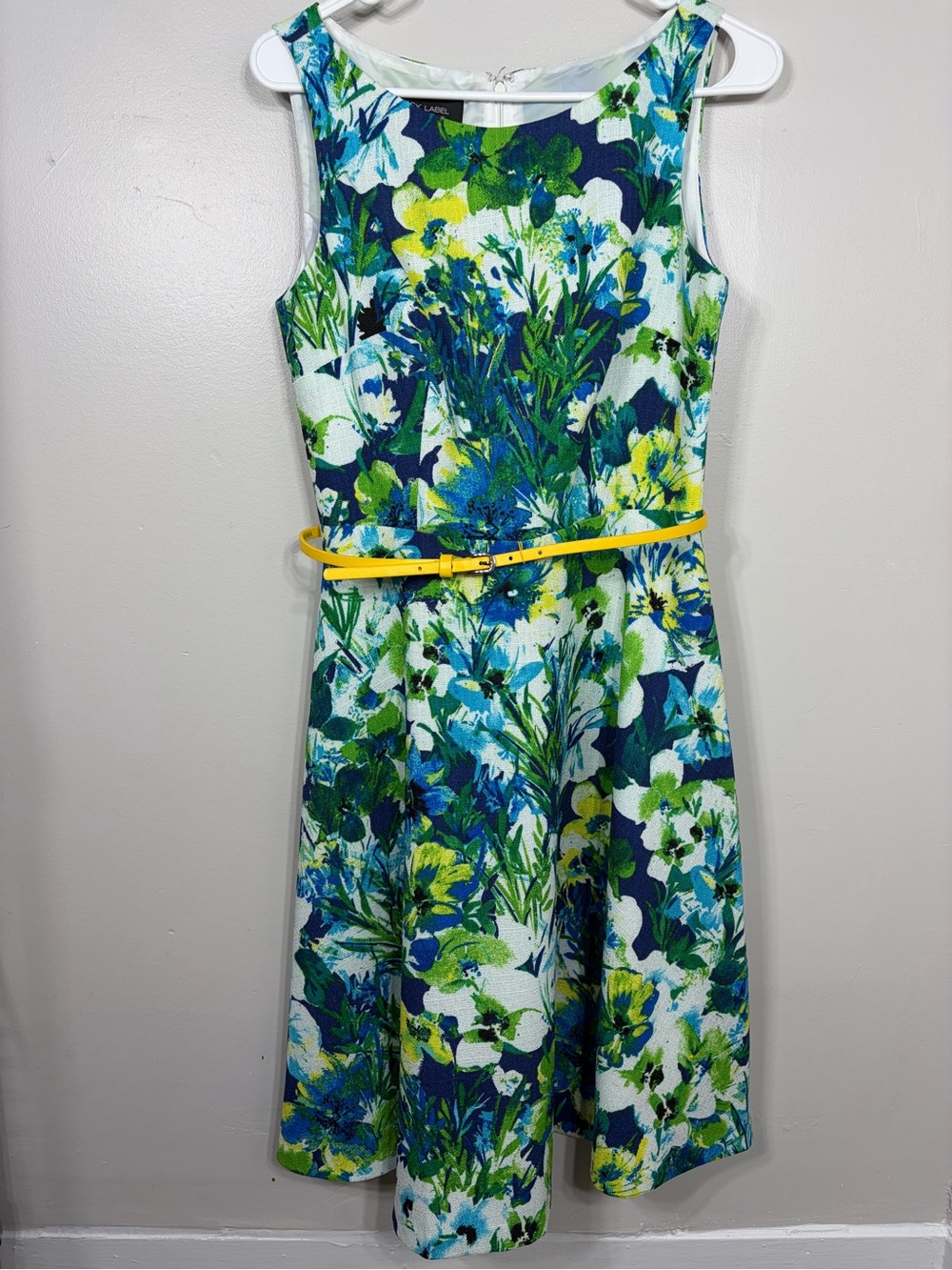 Evan Picone Black Label Floral A-Line Dress Blue Green Yellow Belted Sz 4
